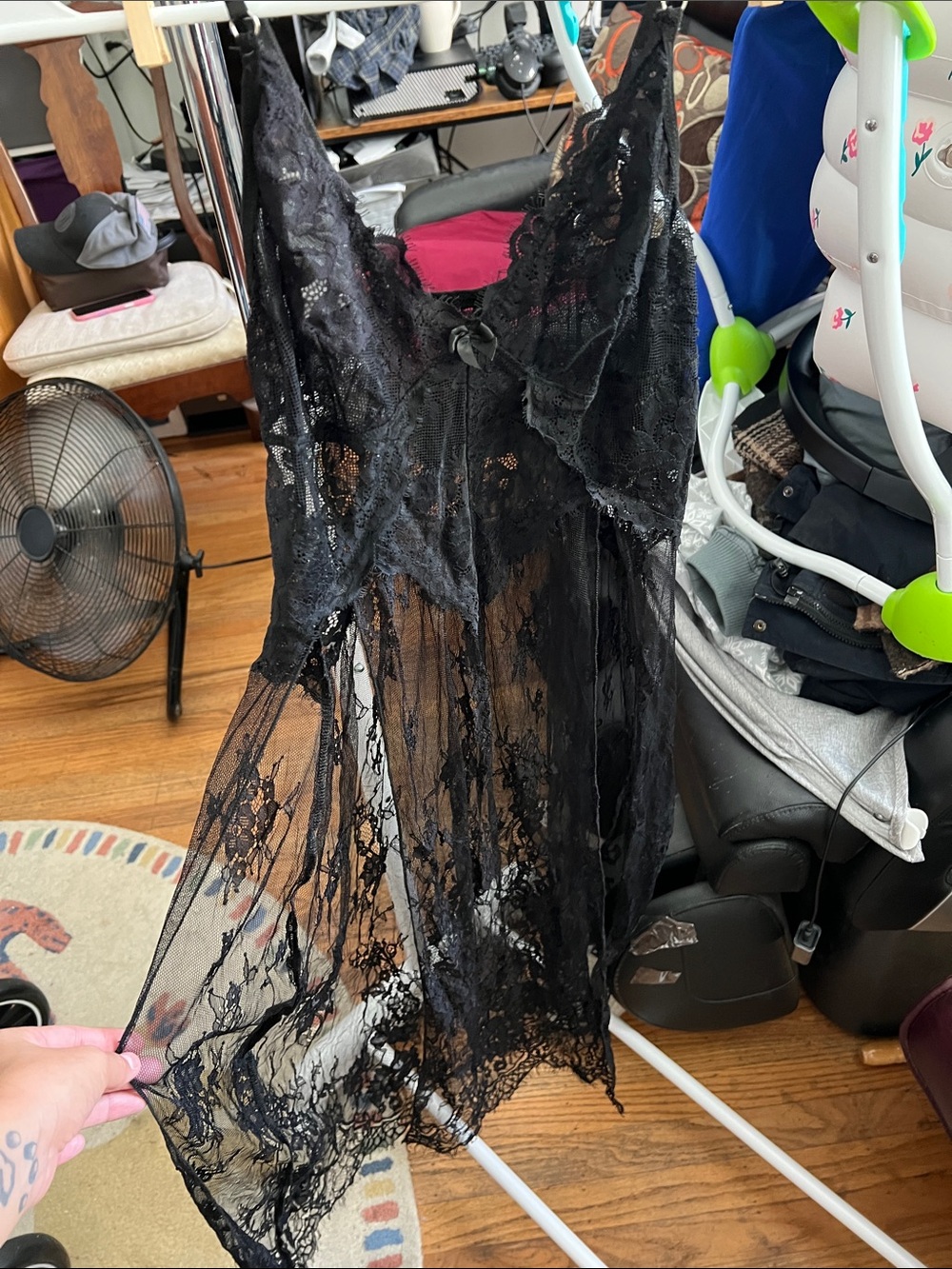 SHEIN Black Lace Sheer Chemise with Floral Trim